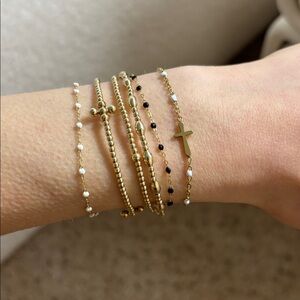 Dainty gold white beaded look adjustable bracelet delicate jeweled chain cross